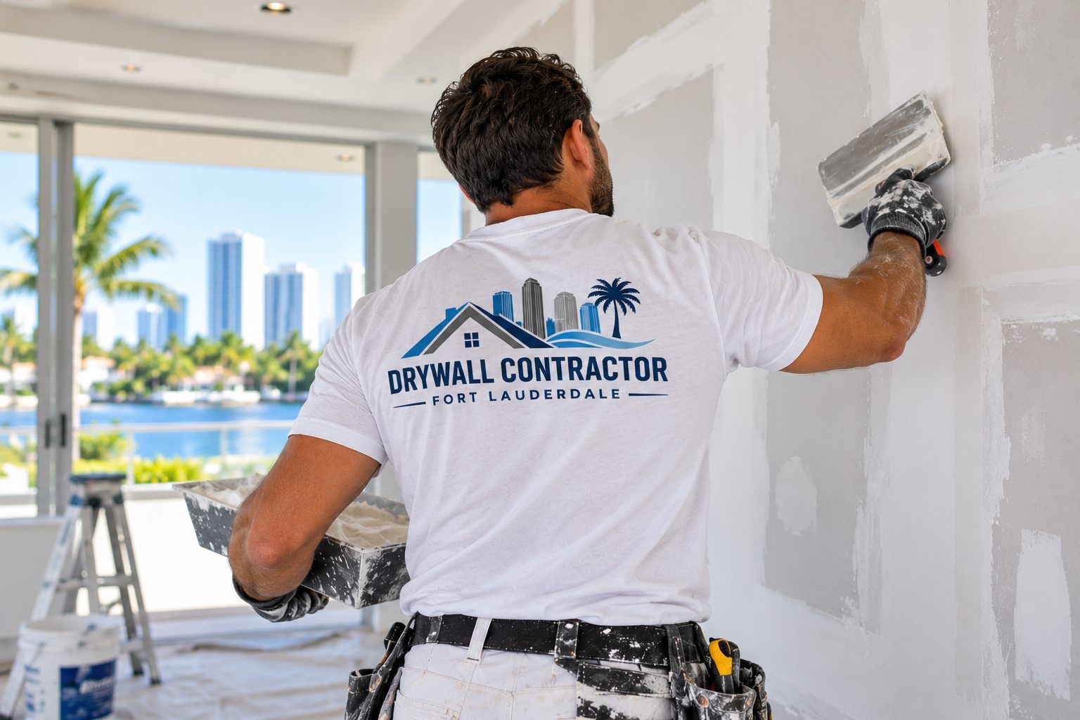 Drywall finisher applying joint compound to a wall with a trowel