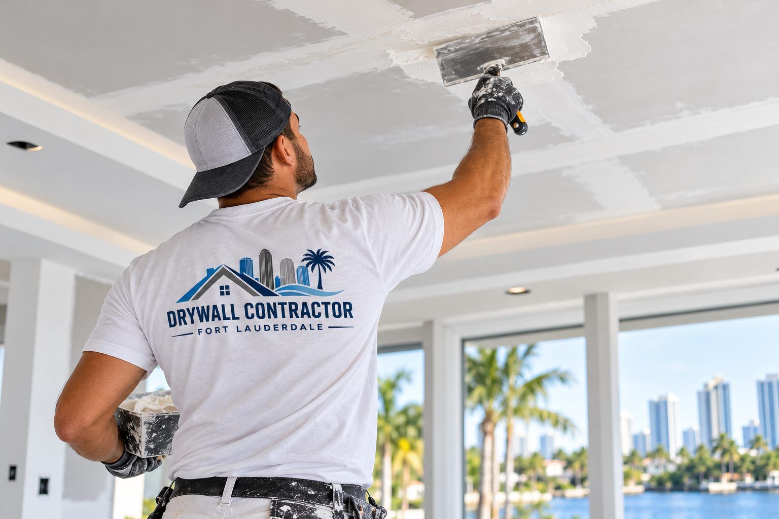 Taping and finishing ceiling drywall seams before texture and paint